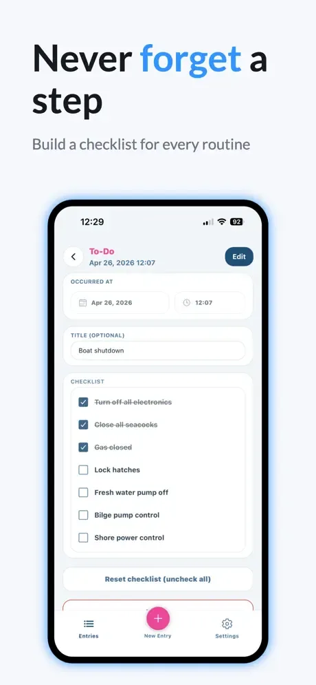 Reusable to-do checklist for boat shutdown with items ticked off