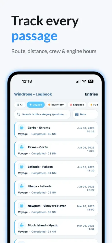 Voyage list with route, date and distance in nautical miles