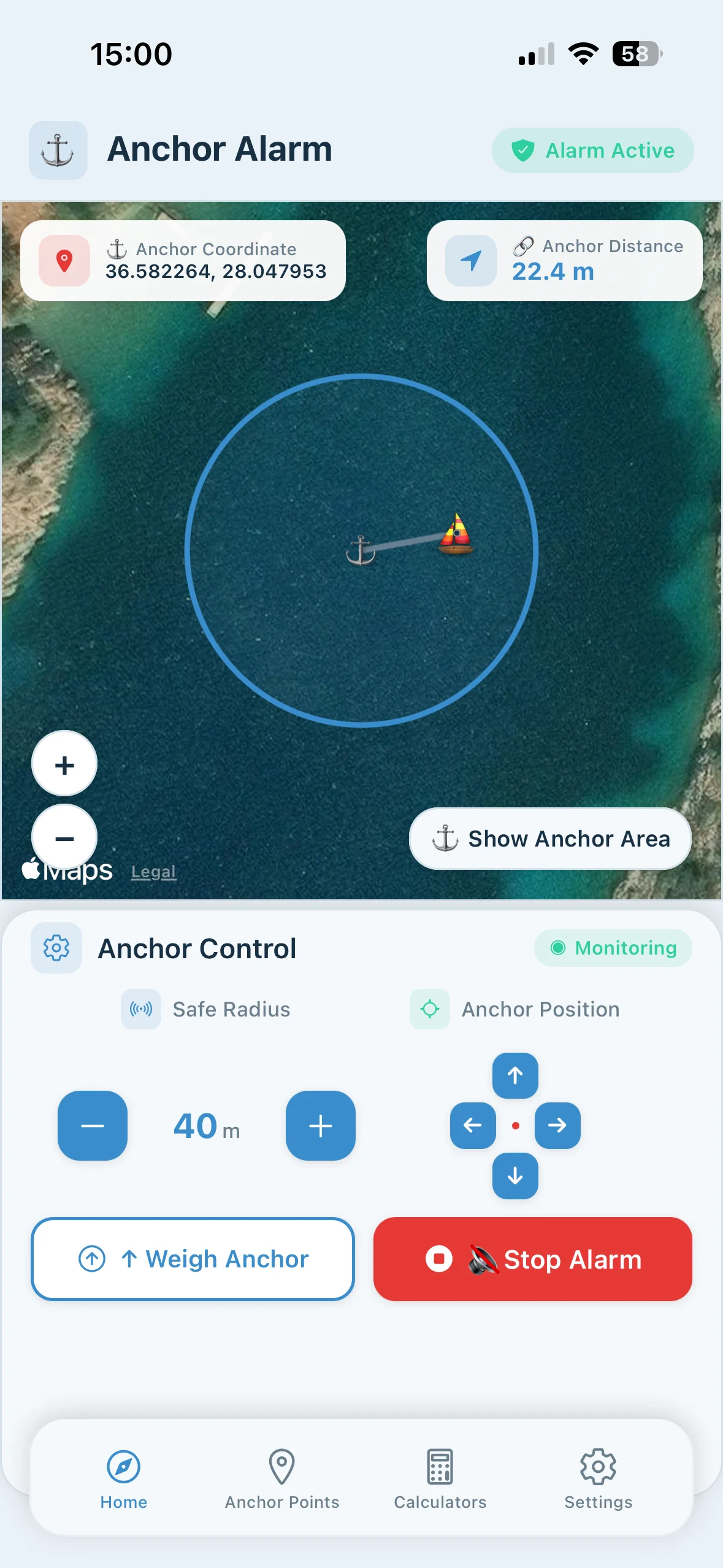 Safety Anchor Alarm - Active monitoring with satellite map view